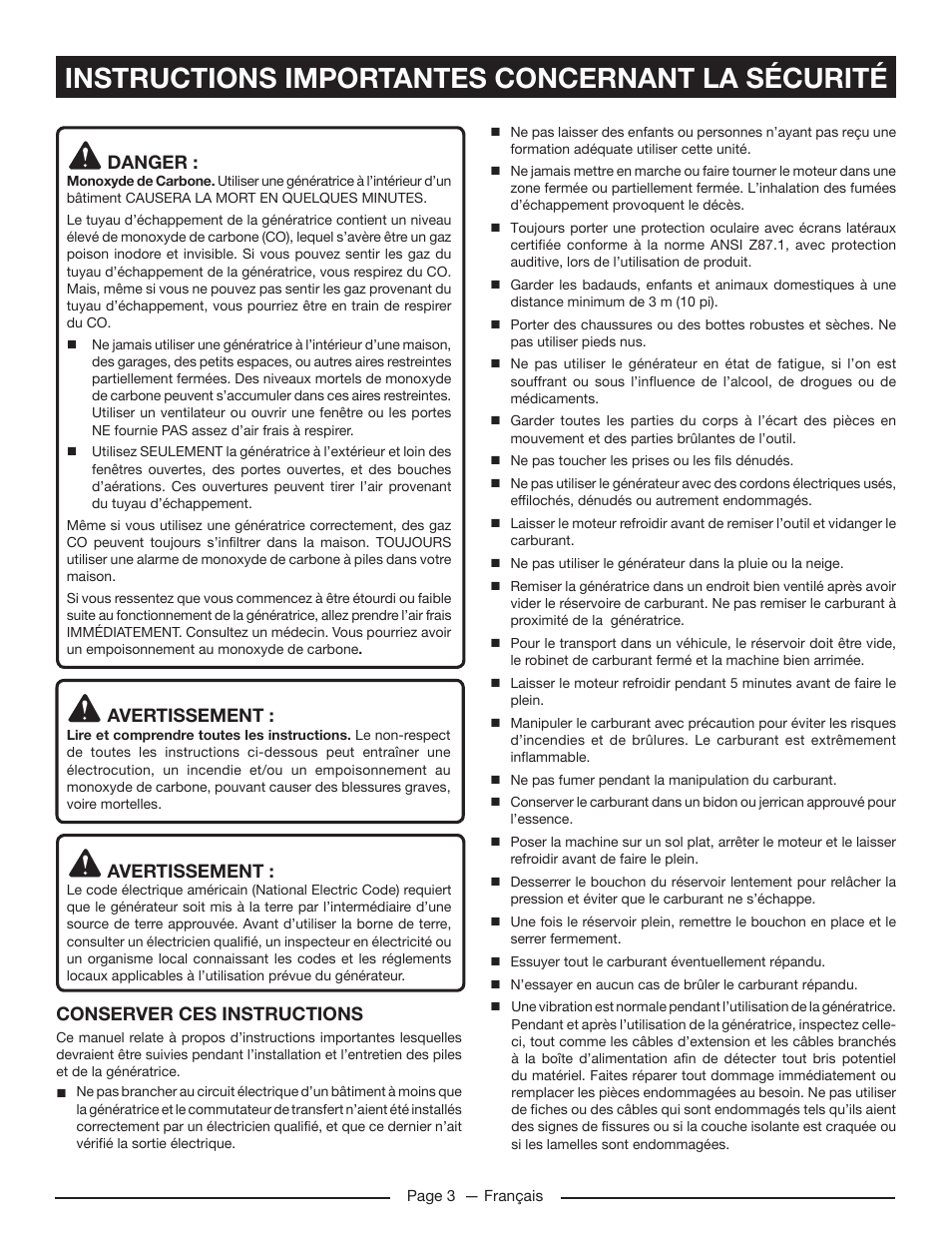 Instructions importantes concernant la sécurité, Danger, Avertissement | Conserver ces instructions | Homelite HG5022P User Manual | Page 25 / 60