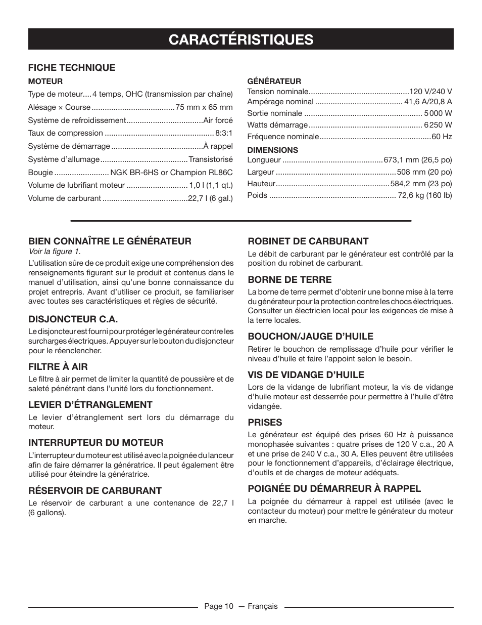 Caractéristiques | Homelite HG5022P User Manual | Page 32 / 60