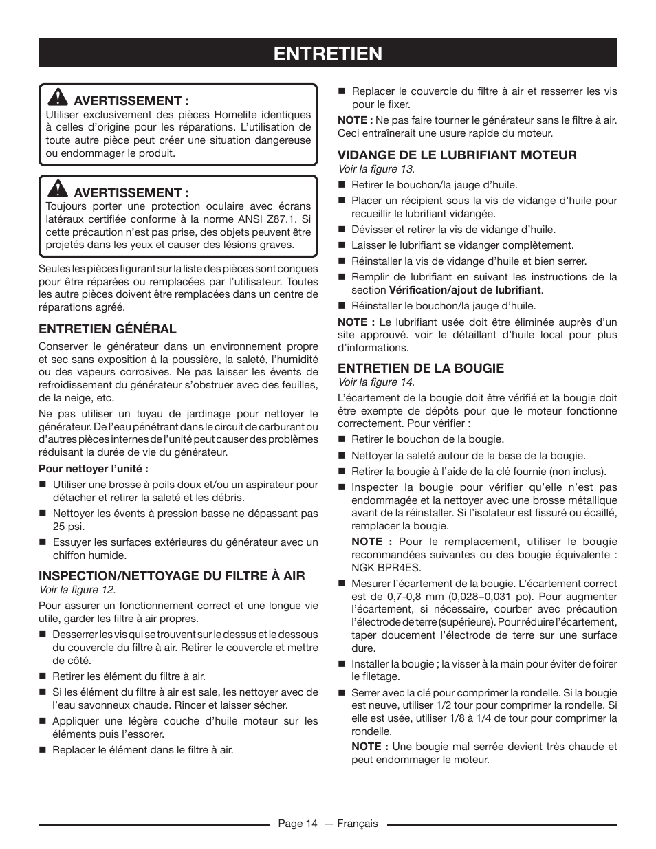 Entretien | Homelite HG5022P User Manual | Page 36 / 60