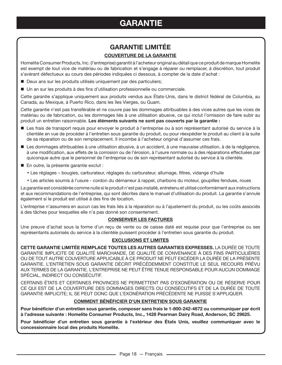 Garantie, Garantie limitée | Homelite HG5022P User Manual | Page 40 / 60