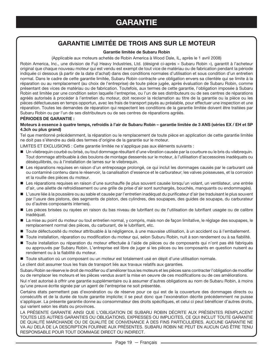 Garantie, Garantie limitée de trois ans sur le moteur | Homelite HG5022P User Manual | Page 41 / 60