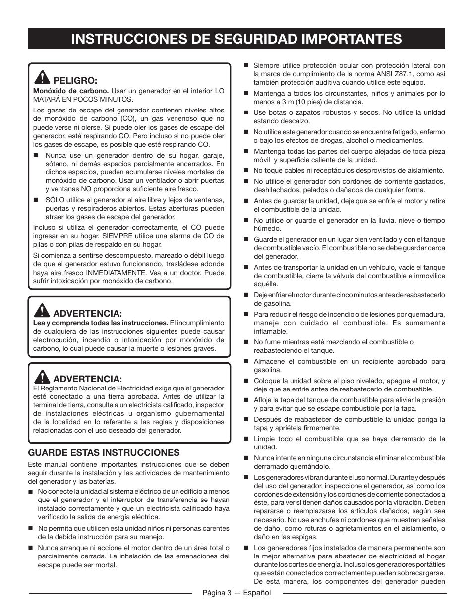 Instrucciones de seguridad importantes, Peligro, Advertencia | Guarde estas instrucciones | Homelite HG5022P User Manual | Page 43 / 60