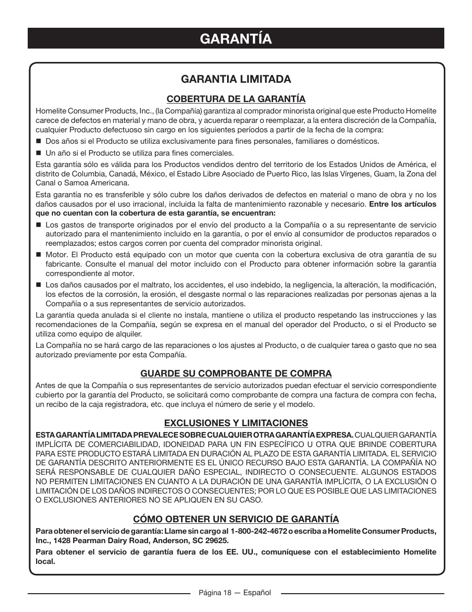 Garantía, Garantia limitada | Homelite HG5022P User Manual | Page 58 / 60