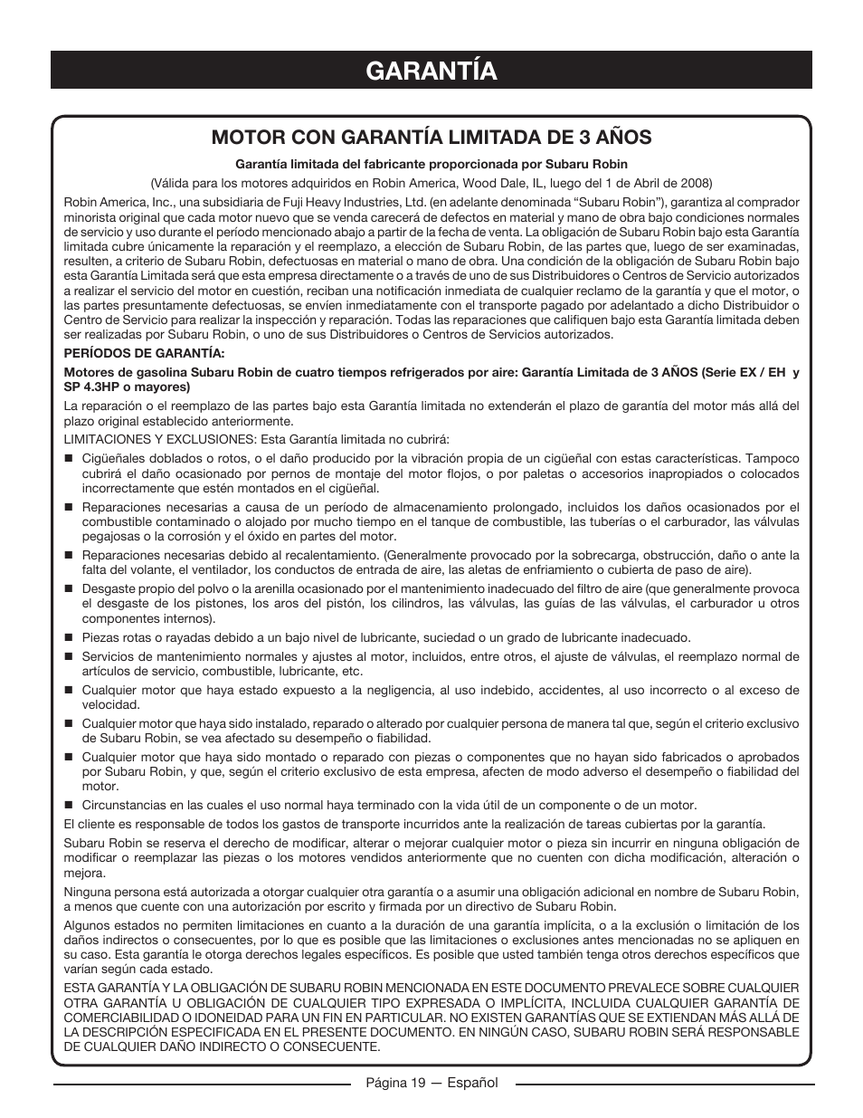 Garantía, Motor con garantía limitada de 3 años | Homelite HG5022P User Manual | Page 59 / 60