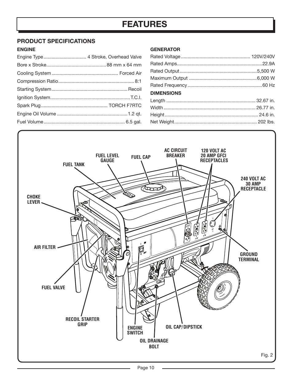 Features, Product specifications | Homelite HG6000 User Manual | Page 10 / 24