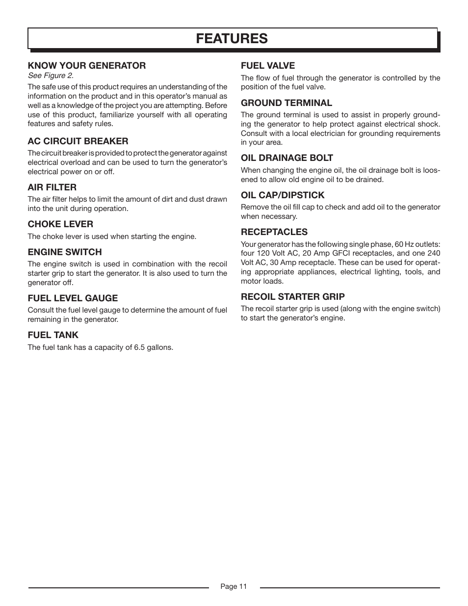 Features | Homelite HG6000 User Manual | Page 11 / 24