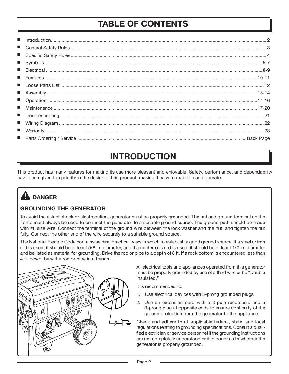 Table of contents introduction, Danger grounding the generator | Homelite HG6000 User Manual | Page 2 / 24