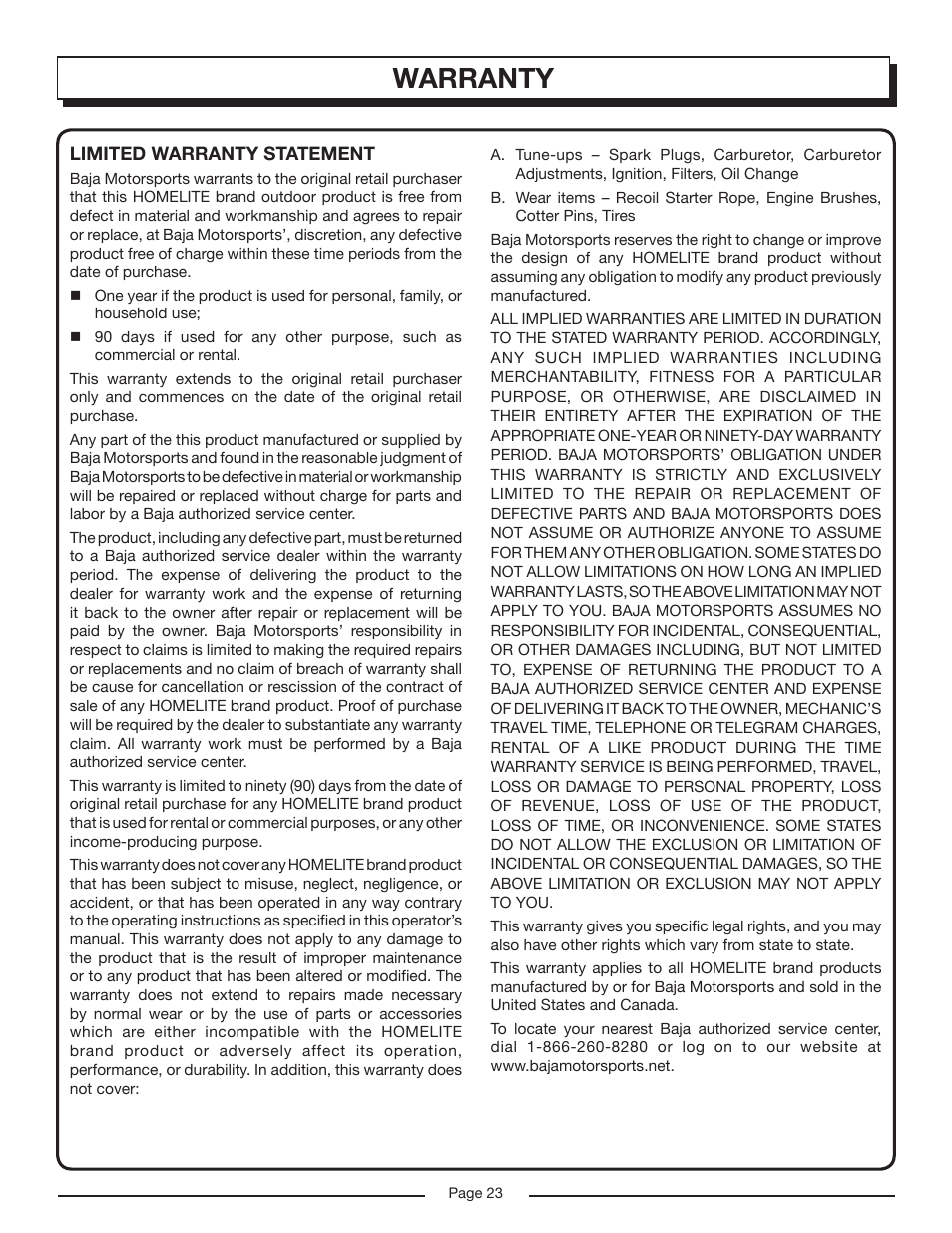 Warranty | Homelite HG6000 User Manual | Page 23 / 24