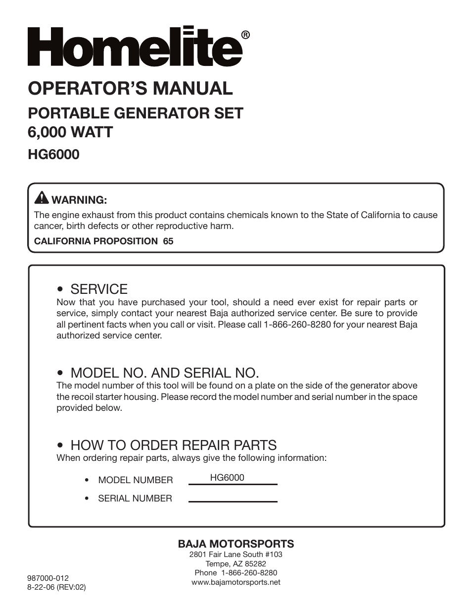 Operator’s manual, Portable generator set 6,000 watt, Service | Model no. and serial no, How to order repair parts, Hg6000 | Homelite HG6000 User Manual | Page 24 / 24