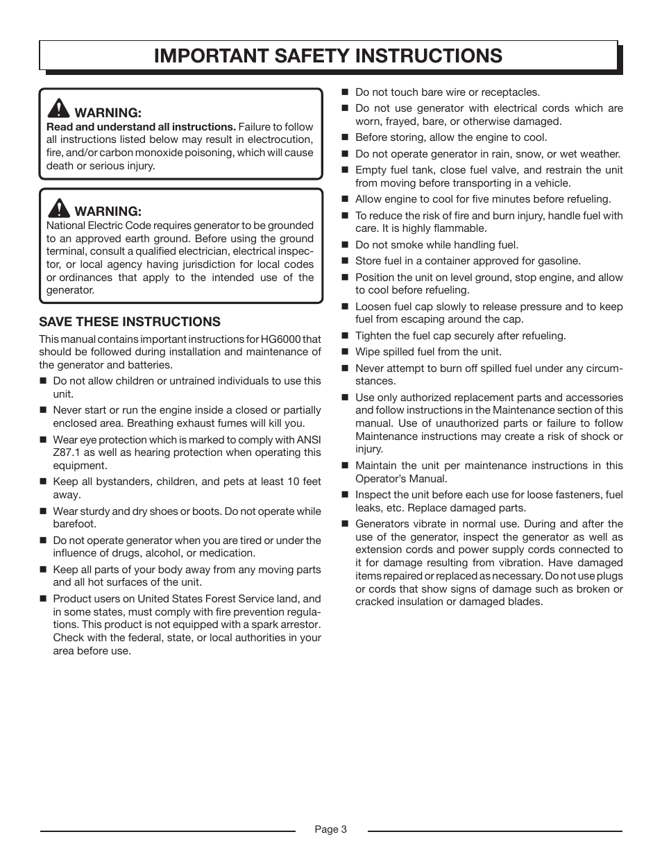 Important safety instructions | Homelite HG6000 User Manual | Page 3 / 24
