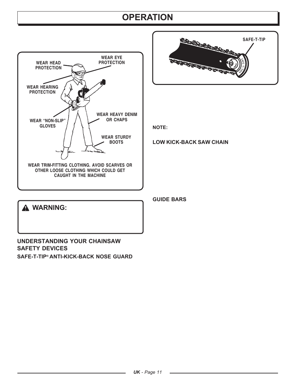 Operation, Warning, Understanding your chainsaw safety devices | Homelite CSP3816 - UT74123A User Manual | Page 11 / 40