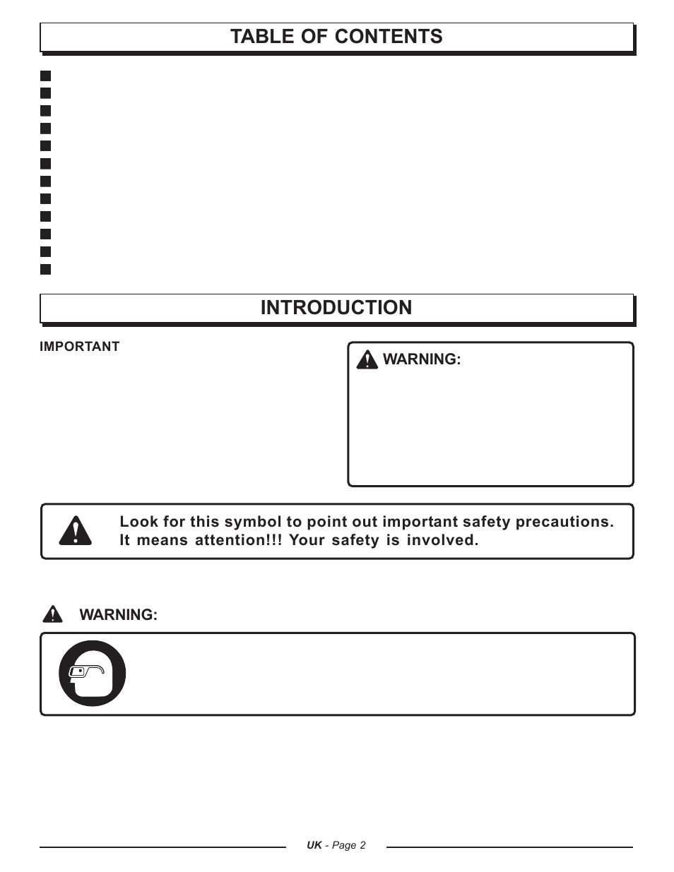Introduction table of contents, Warning | Homelite CSP3816 - UT74123A User Manual | Page 2 / 40