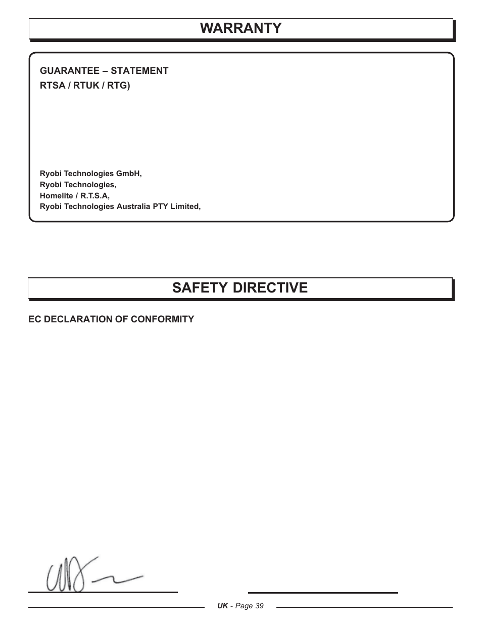 Warranty, Safety directive | Homelite CSP3816 - UT74123A User Manual | Page 39 / 40