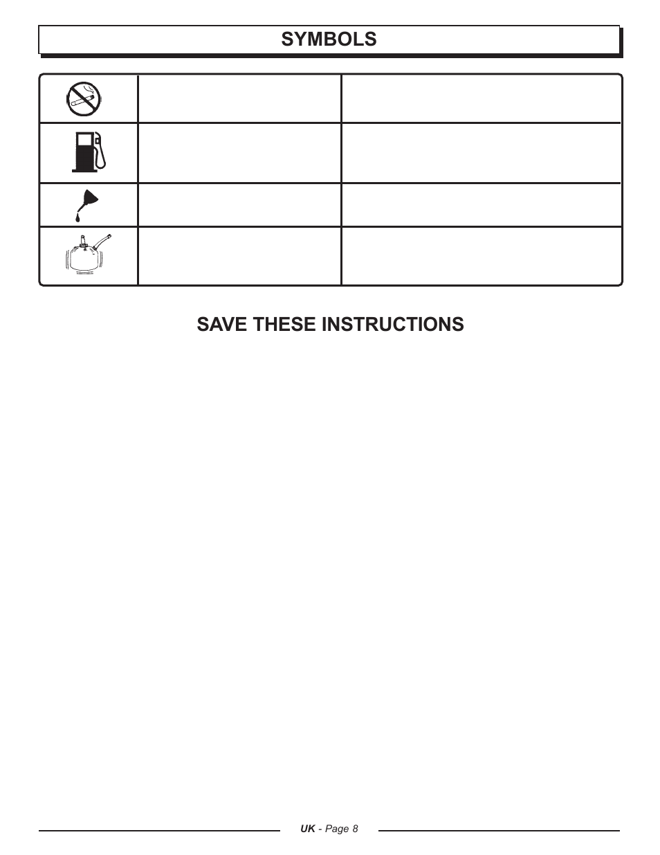 Save these instructions symbols | Homelite CSP3816 - UT74123A User Manual | Page 8 / 40