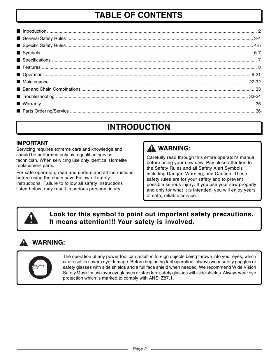Introduction table of contents, Warning | Homelite UT10560 User Manual | Page 2 / 36