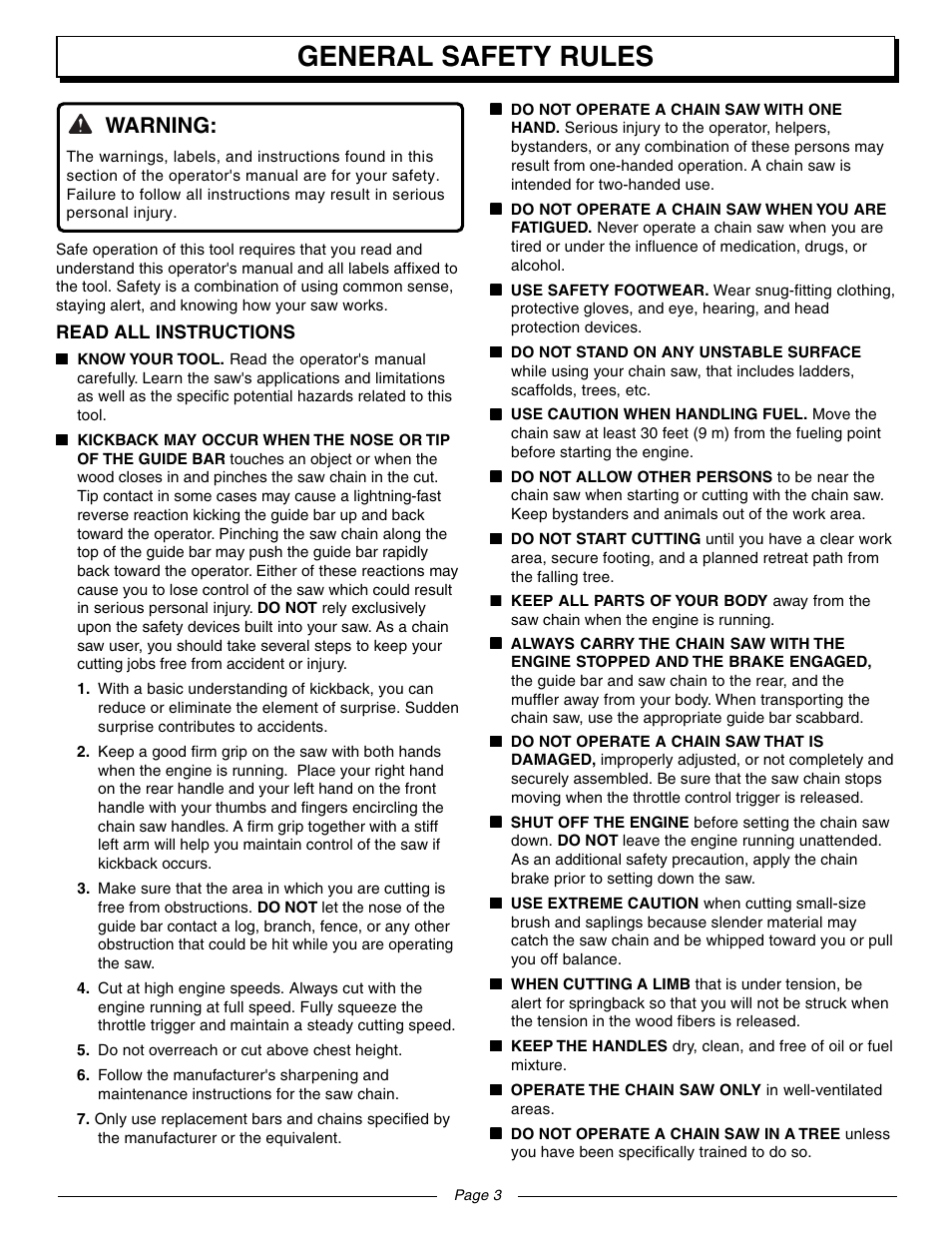 General safety rules, Warning | Homelite UT10560 User Manual | Page 3 / 36