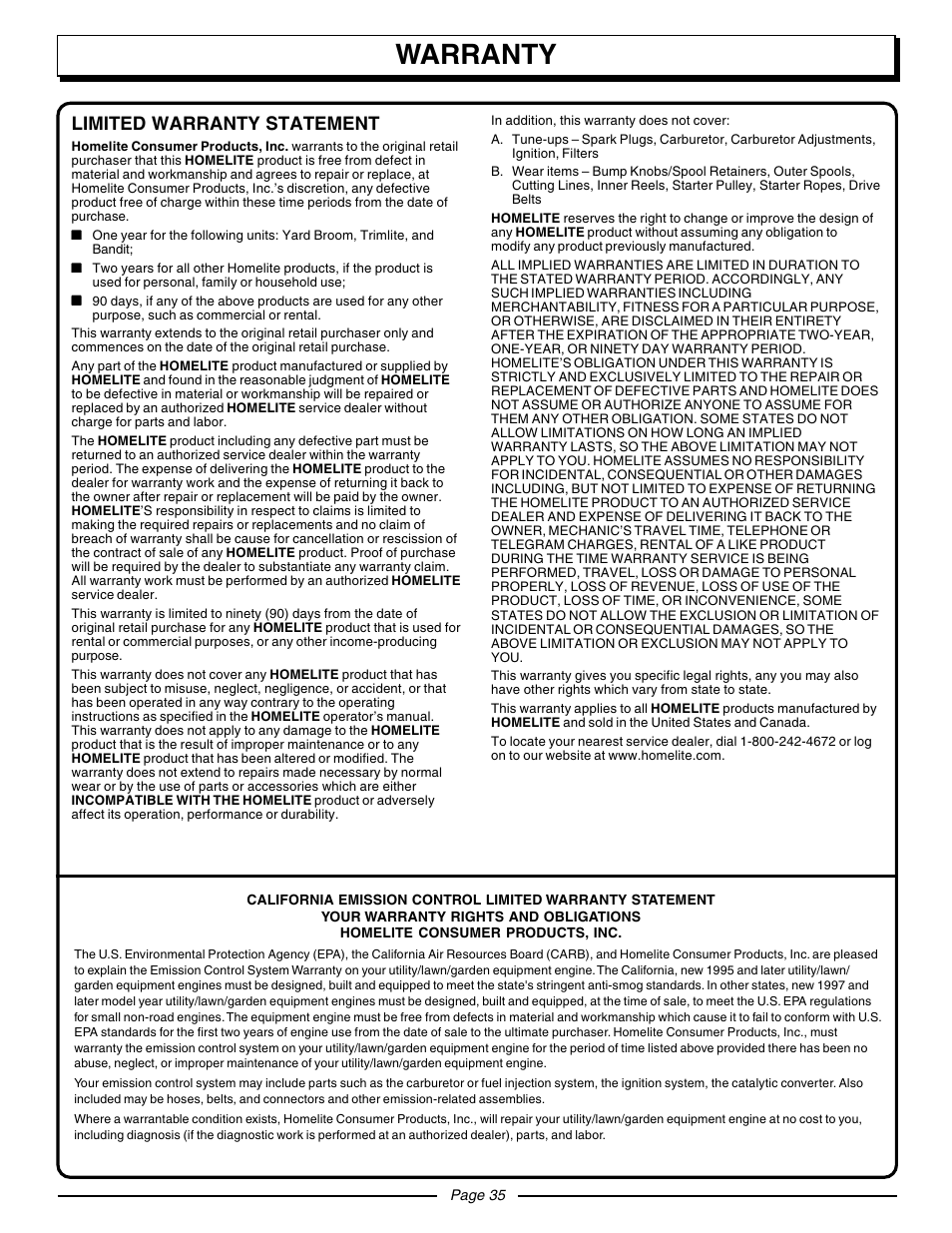 Warranty, Limited warranty statement | Homelite UT10560 User Manual | Page 35 / 36