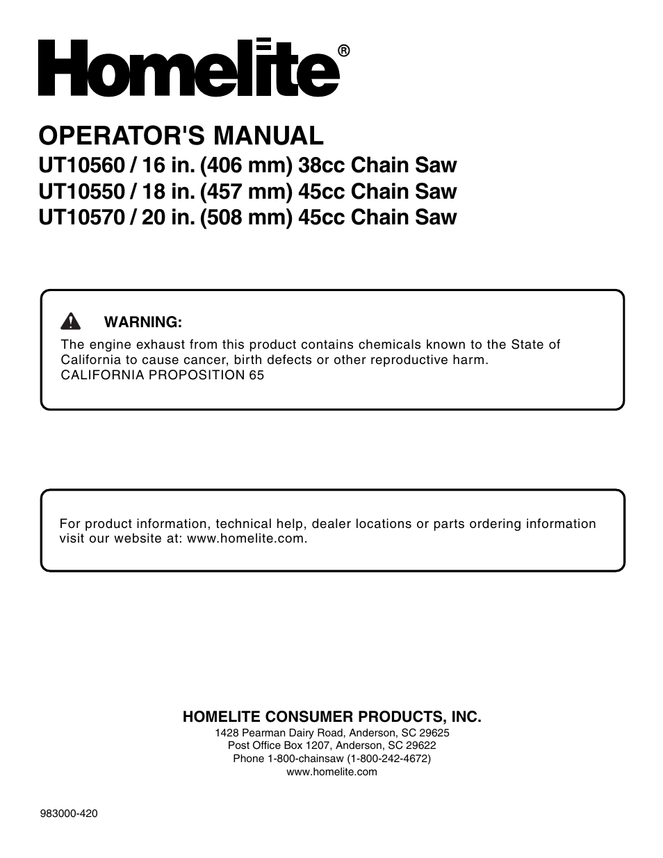 Operator's manual | Homelite UT10560 User Manual | Page 36 / 36