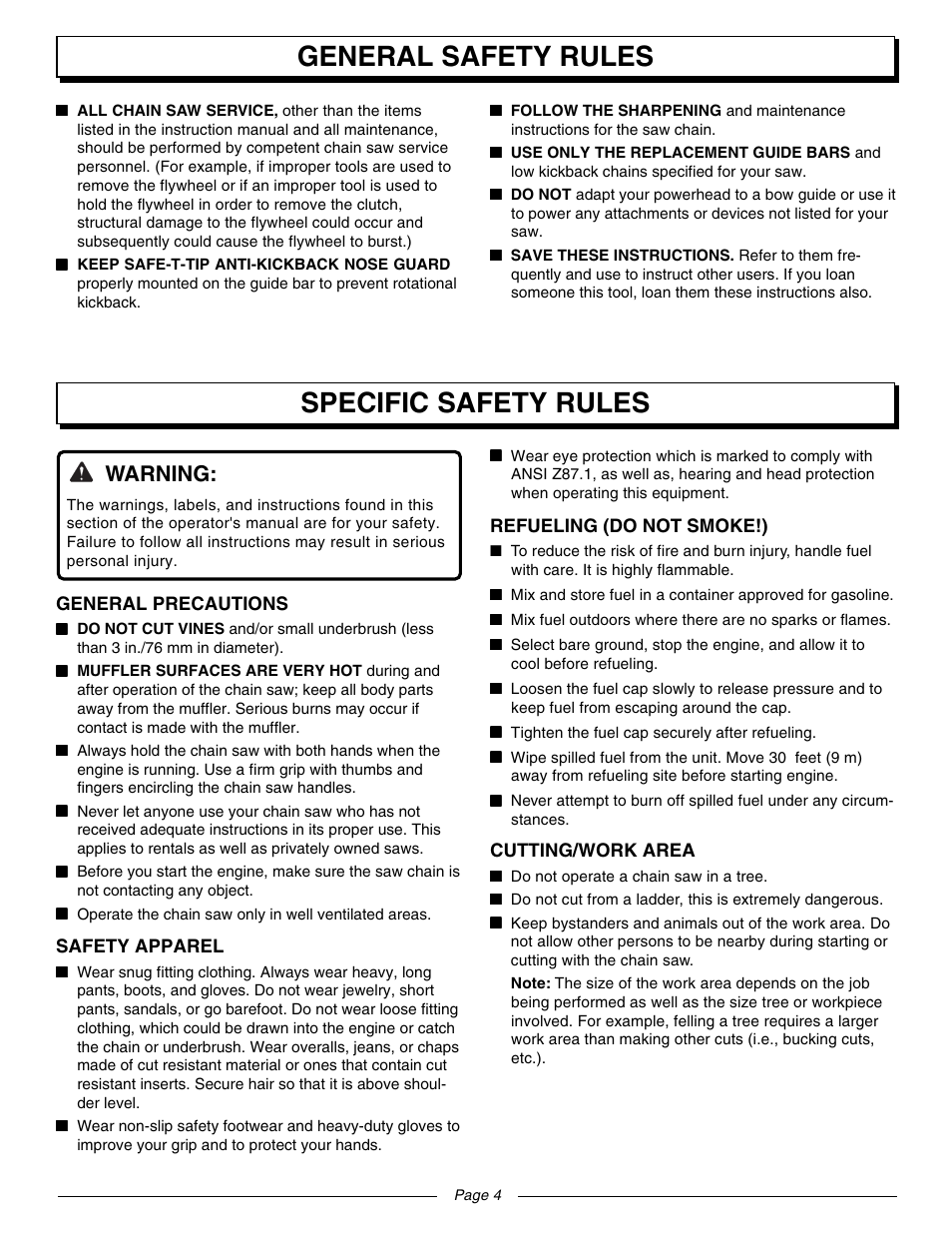 General safety rules specific safety rules, Warning | Homelite UT10560 User Manual | Page 4 / 36