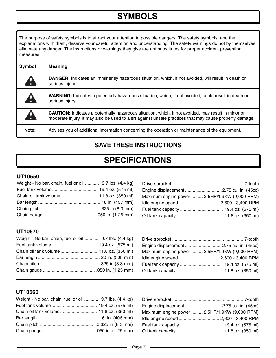 Symbols specifications, Save these instructions | Homelite UT10560 User Manual | Page 7 / 36