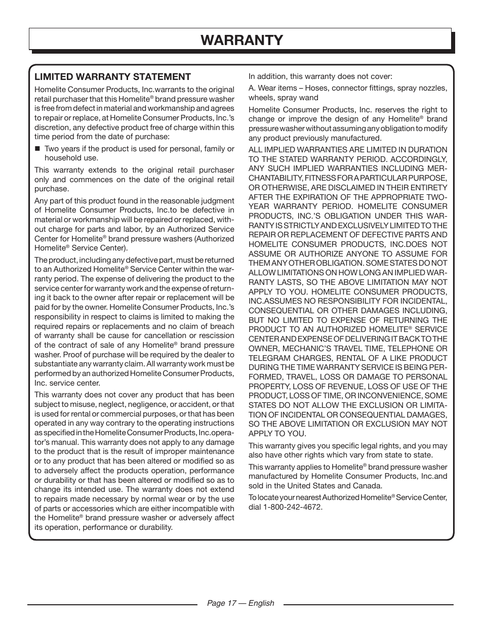 Warranty, Limited warranty statement | Homelite UT80720 User Manual | Page 21 / 52