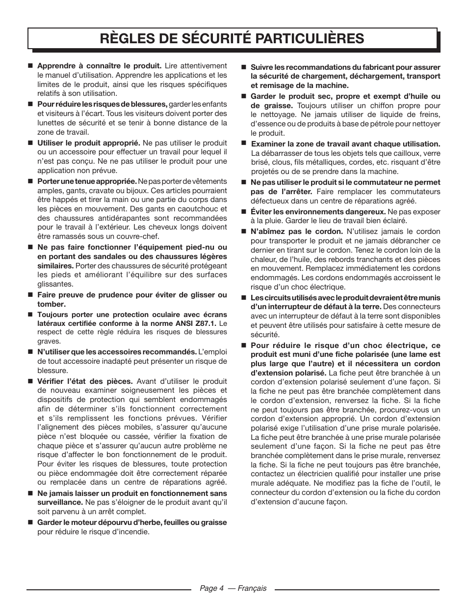 Règles de sécurité particulières | Homelite UT80720 User Manual | Page 23 / 52