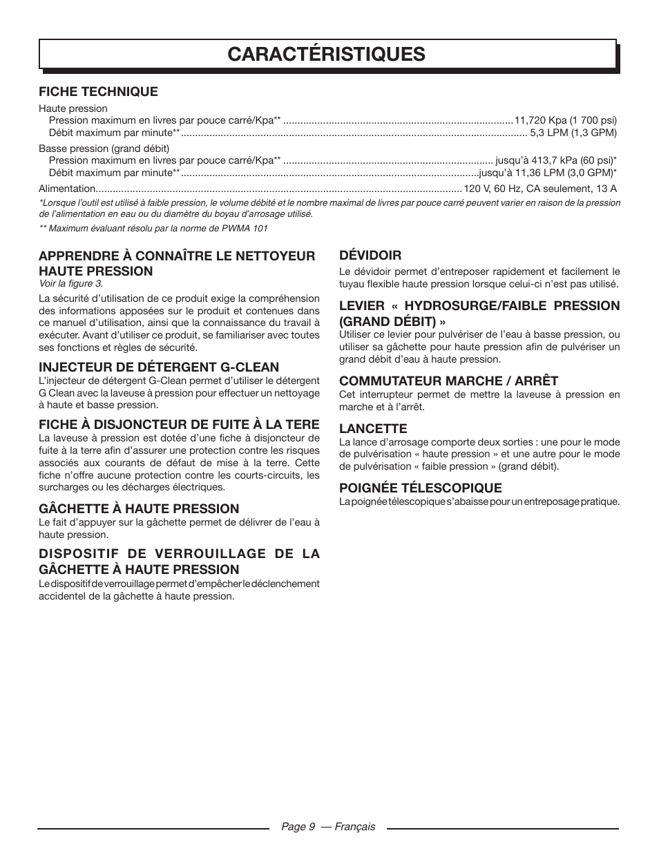 Caractéristiques | Homelite UT80720 User Manual | Page 28 / 52