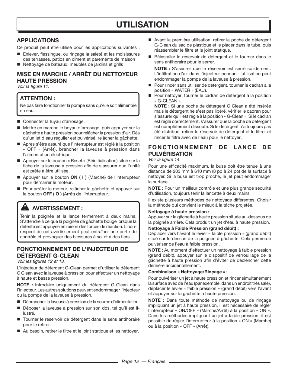 Utilisation, Applications, Mise en marche / arrêt du nettoyeur haute pression | Attention, Avertissement, Fonctionnement de l’injecteur de détergent g-clean | Homelite UT80720 User Manual | Page 31 / 52