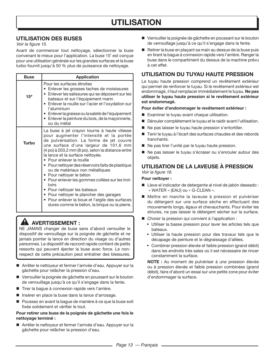 Utilisation, Utilisation des buses, Avertissement | Utilisation du tuyau haute pression, Utilisation de la laveuse à pression | Homelite UT80720 User Manual | Page 32 / 52