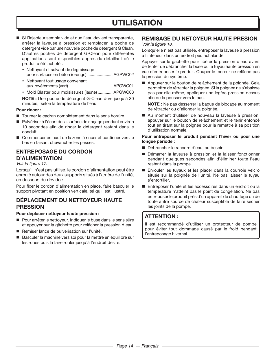 Utilisation, Remisage du netoyeur haute presion, Attention | Entreposage du cordon d’alimentation, Déplacement du nettoyeur haute pression | Homelite UT80720 User Manual | Page 33 / 52