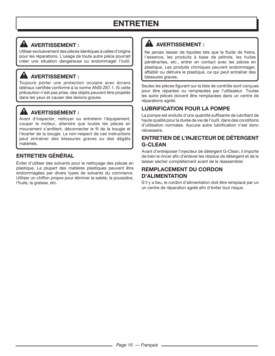 Entretien | Homelite UT80720 User Manual | Page 34 / 52