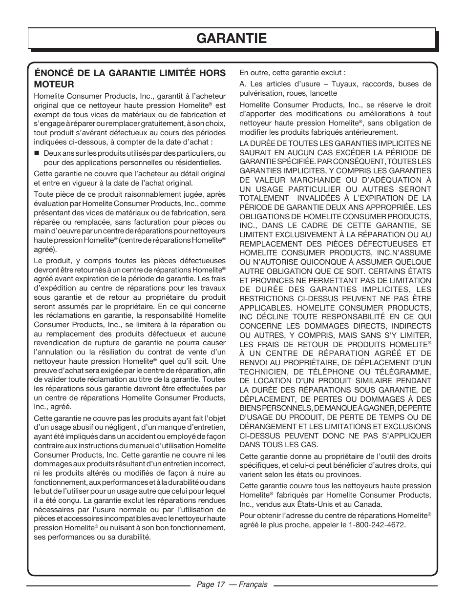 Garantie, Énoncé de la garantie limitée hors moteur | Homelite UT80720 User Manual | Page 36 / 52