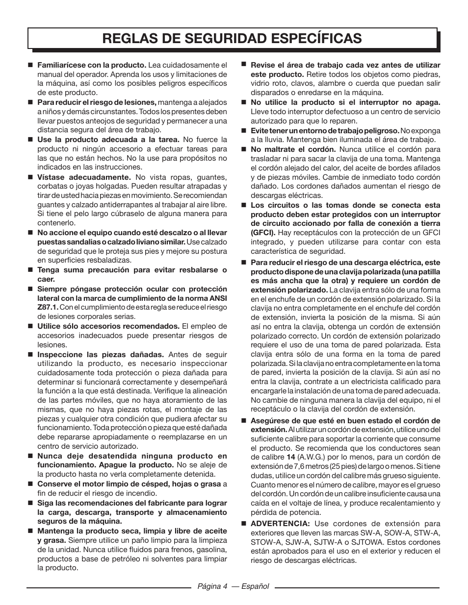 Reglas de seguridad específicas | Homelite UT80720 User Manual | Page 38 / 52