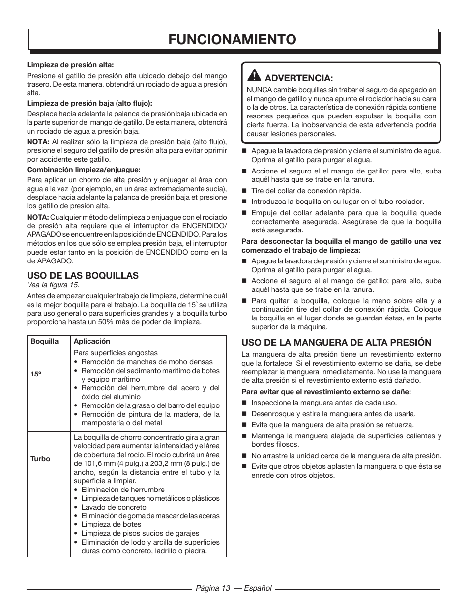 Funcionamiento, Uso de las boquillas, Advertencia | Uso de la manguera de alta presión | Homelite UT80720 User Manual | Page 47 / 52