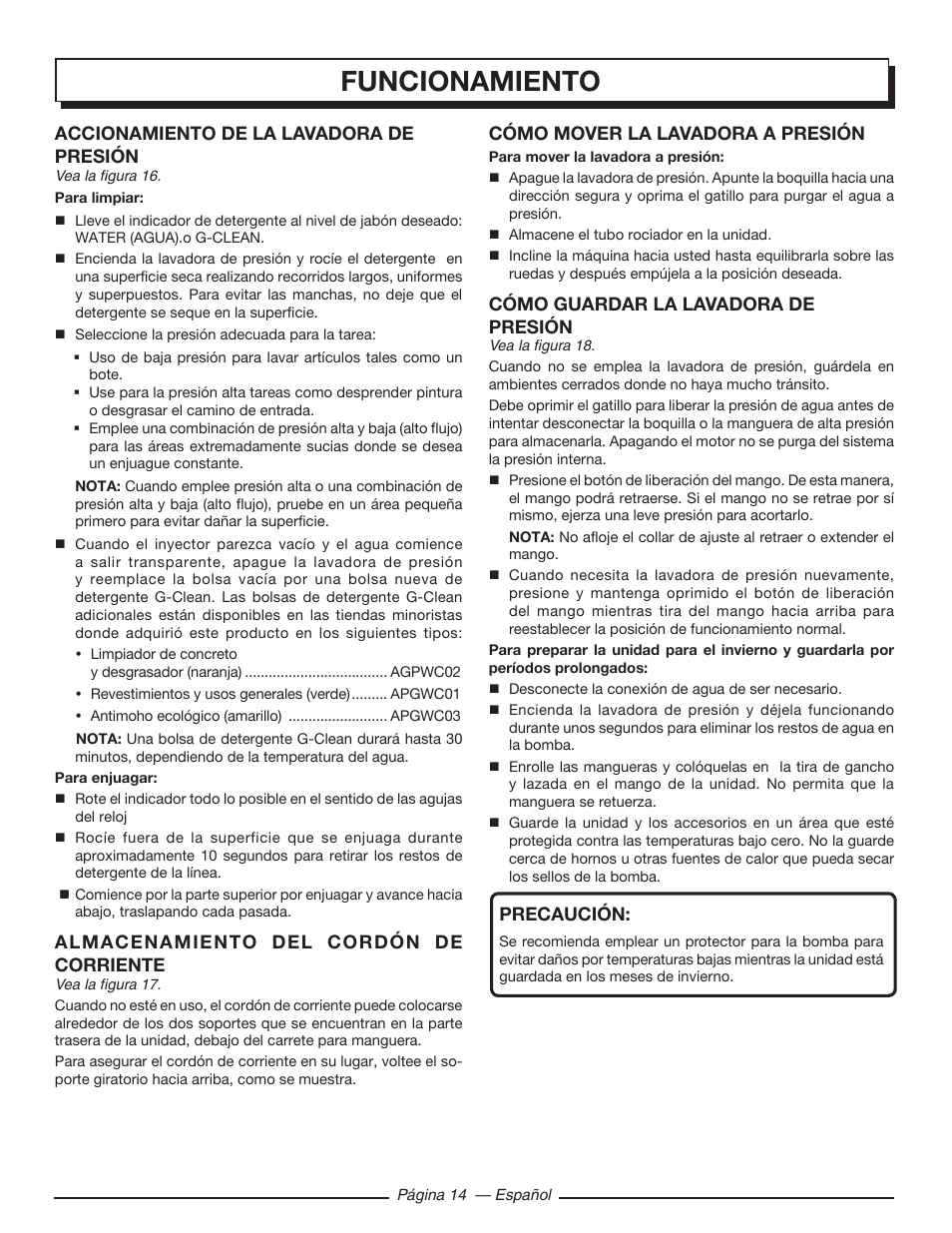 Funcionamiento, Accionamiento de la lavadora de presión, Almacenamiento del cordón de corriente | Cómo mover la lavadora a presión, Cómo guardar la lavadora de presión, Precaución | Homelite UT80720 User Manual | Page 48 / 52