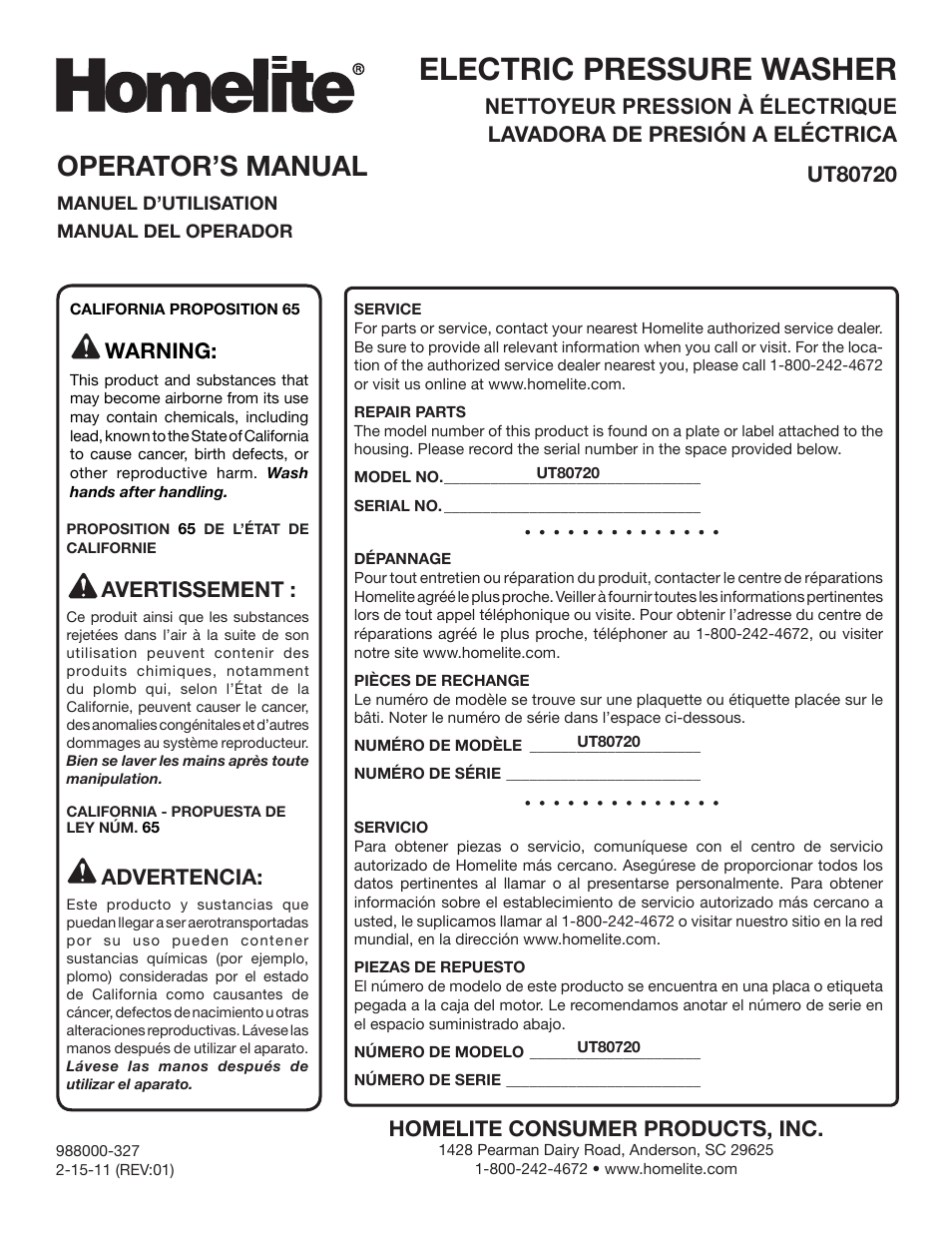 Electric pressure washer, Operator’s manual, Warning | Avertissement, Advertencia | Homelite UT80720 User Manual | Page 52 / 52