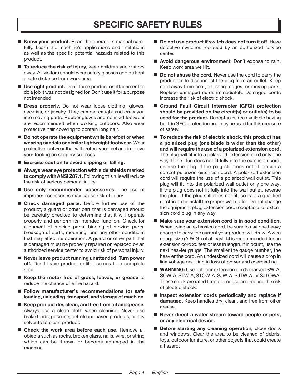 Specific safety rules | Homelite UT80720 User Manual | Page 8 / 52