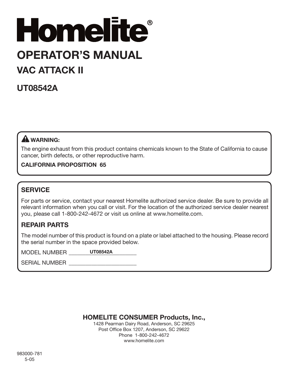 Operator’s manual, Vac attack ii | Homelite VAC ATTACK II UT08542A User Manual | Page 22 / 22