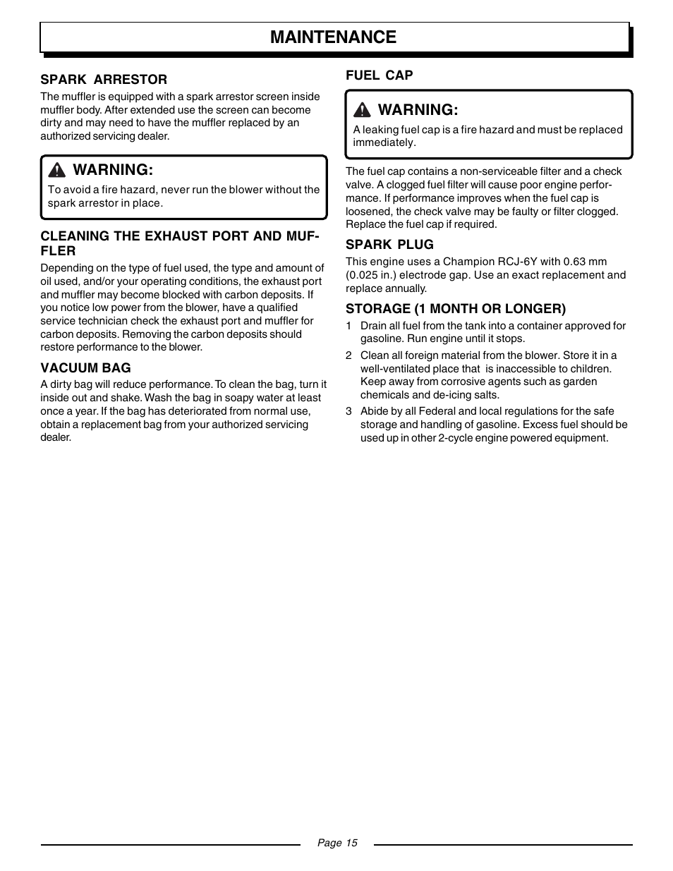 Maintenance, Warning | Homelite VAC ATTACK II UT08541 User Manual | Page 15 / 20
