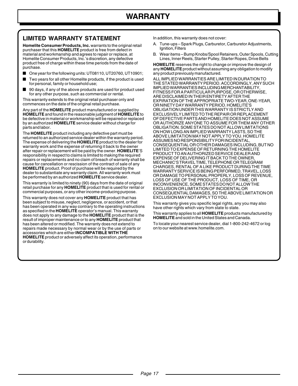 Warranty, Limited warranty statement | Homelite VAC ATTACK II UT08541 User Manual | Page 17 / 20