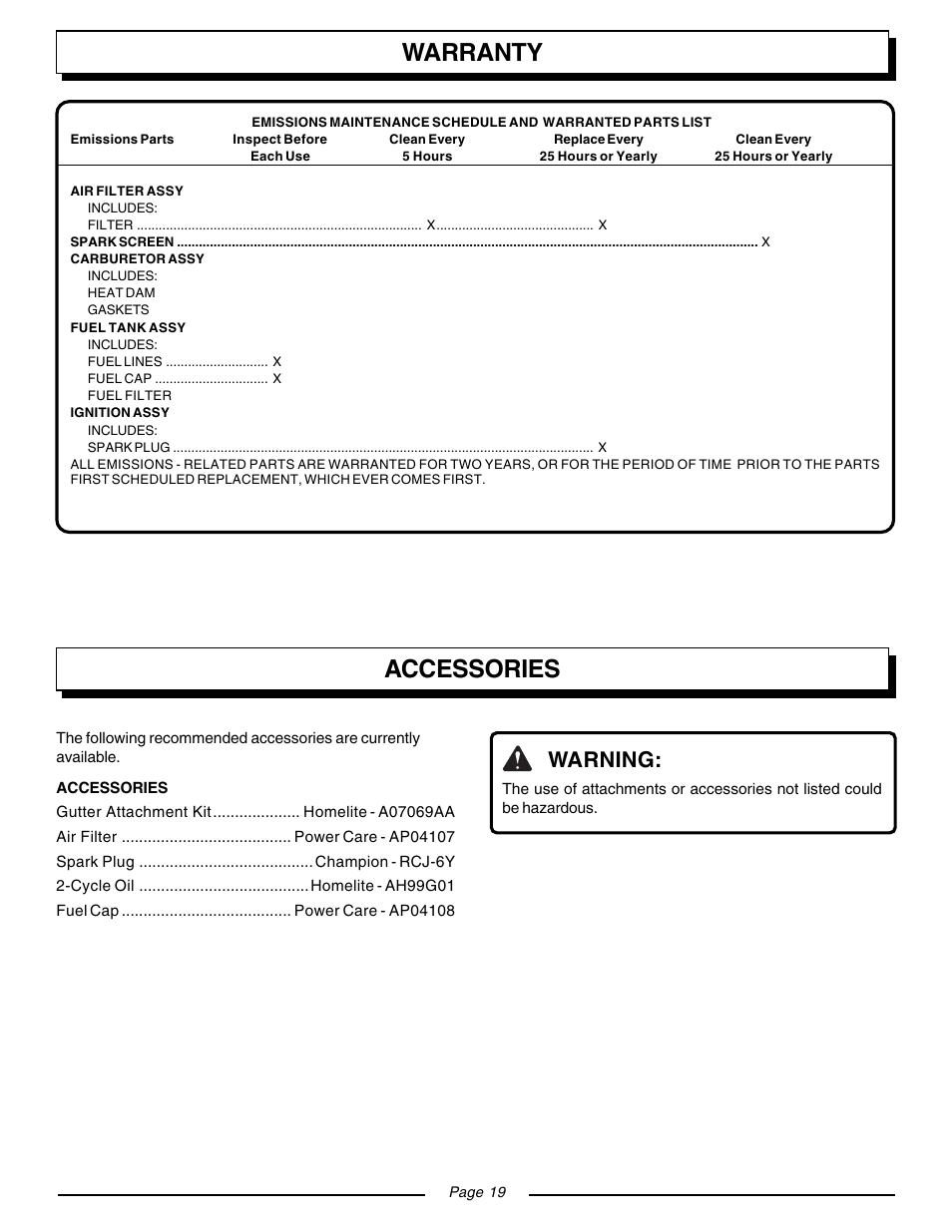 Warranty, Accessories, Warning | Homelite VAC ATTACK II UT08541 User Manual | Page 19 / 20