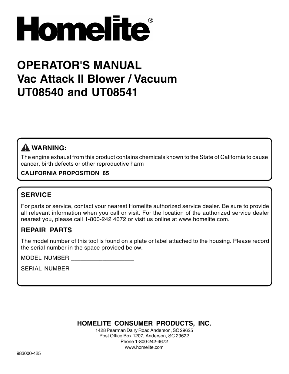 Homelite VAC ATTACK II UT08541 User Manual | Page 20 / 20