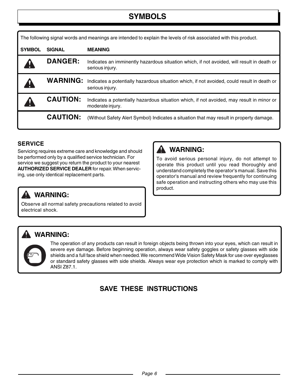 Symbols | Homelite VAC ATTACK II UT08541 User Manual | Page 6 / 20
