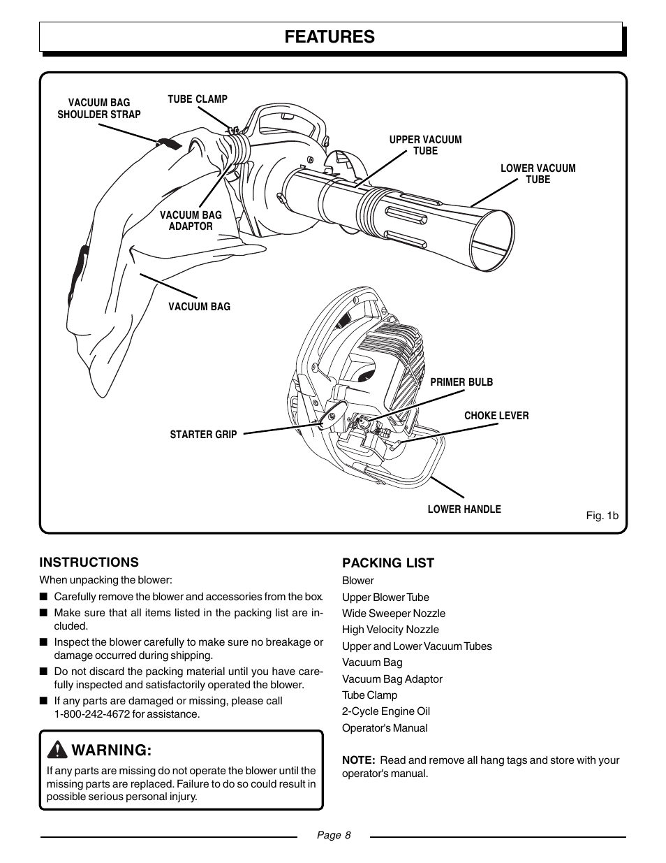 Features, Warning | Homelite VAC ATTACK II UT08541 User Manual | Page 8 / 20