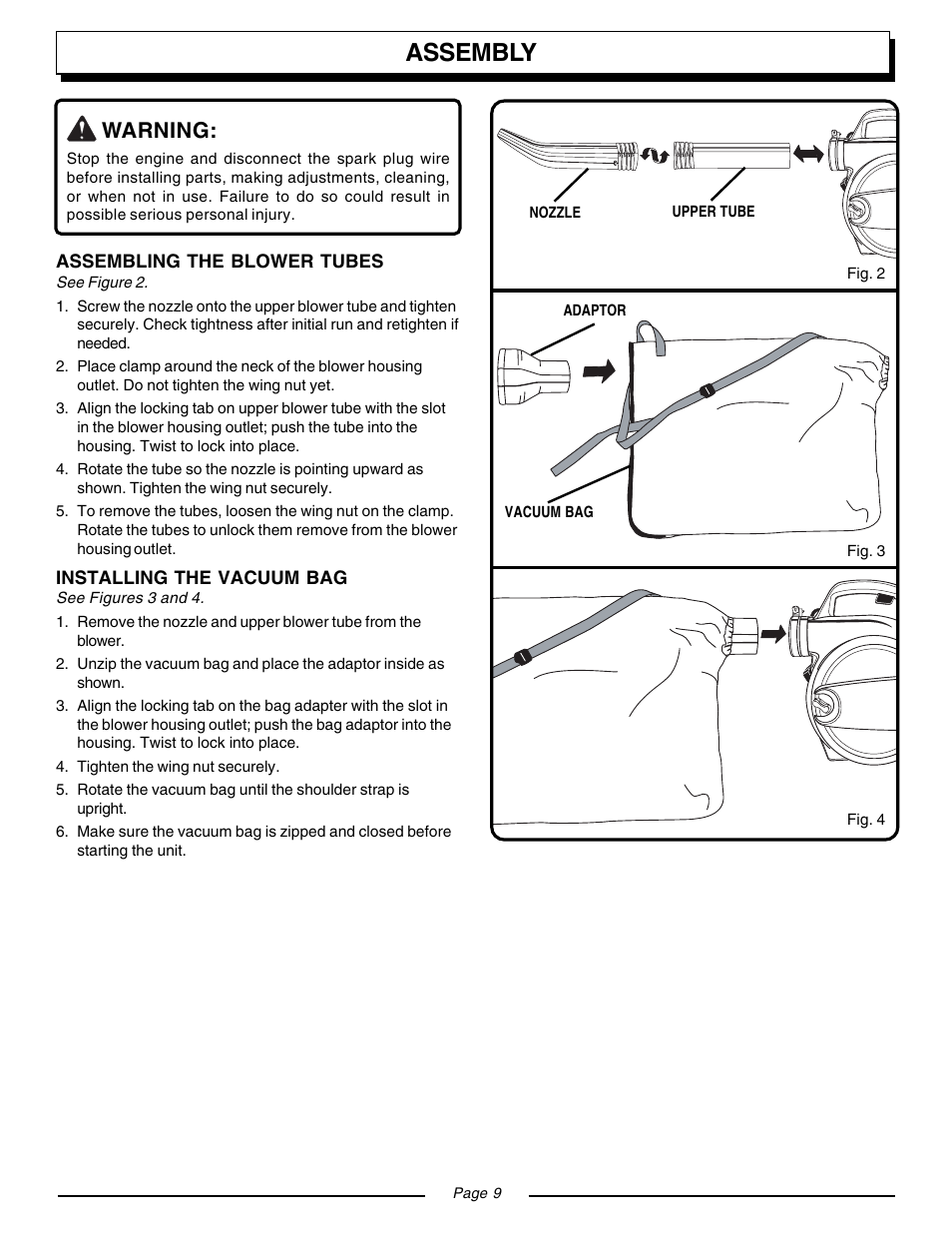 Assembly, Warning | Homelite VAC ATTACK II UT08541 User Manual | Page 9 / 20