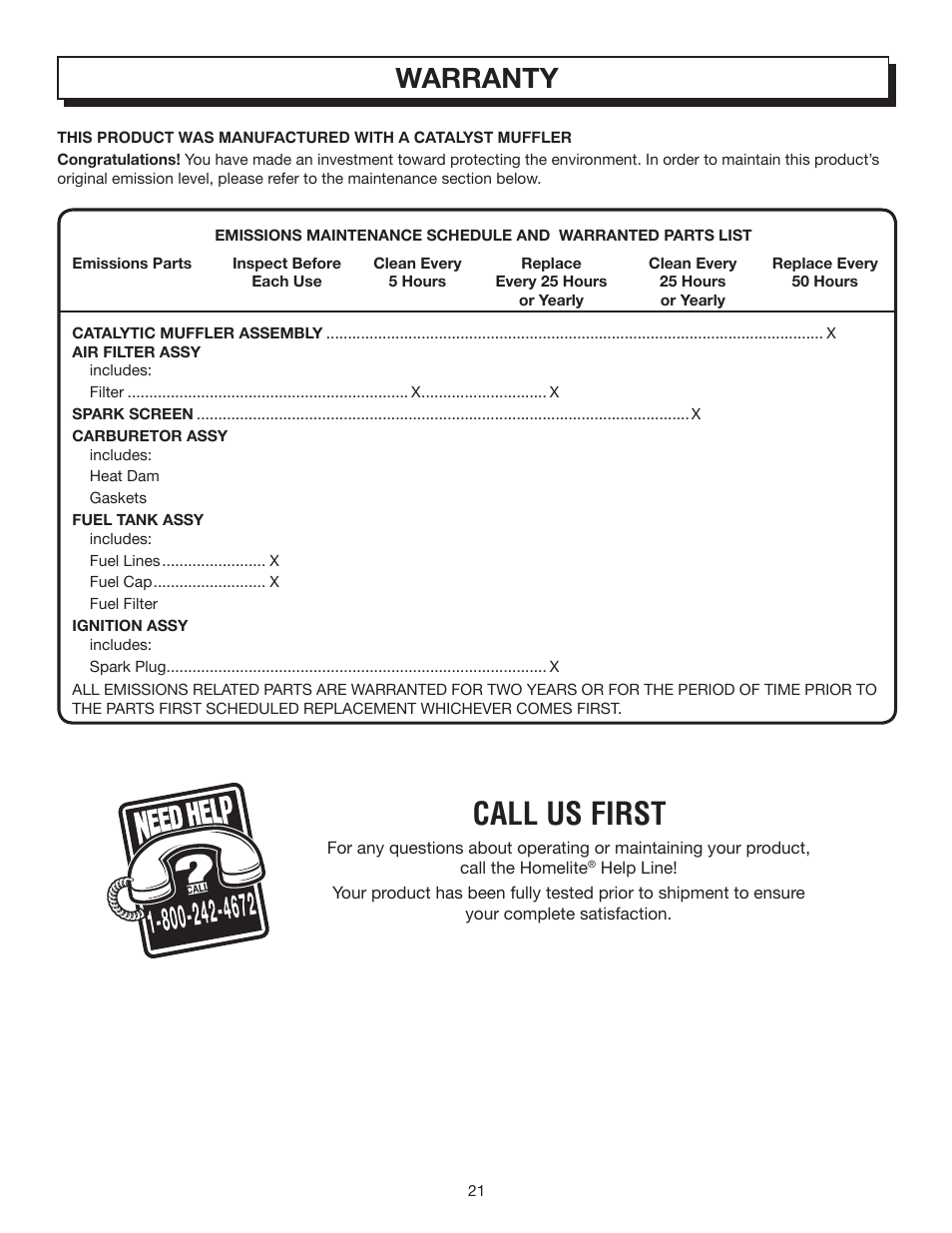 Call us first, Warranty | Homelite VAC ATTACK II UT08542B User Manual | Page 21 / 22