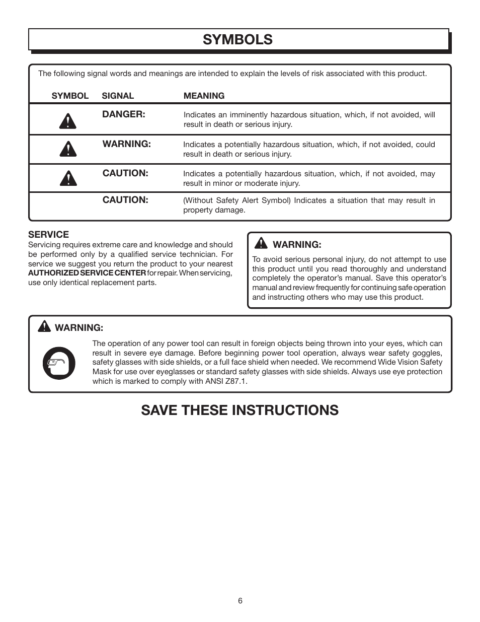 Save these instructions, Symbols | Homelite VAC ATTACK II UT08542B User Manual | Page 6 / 22