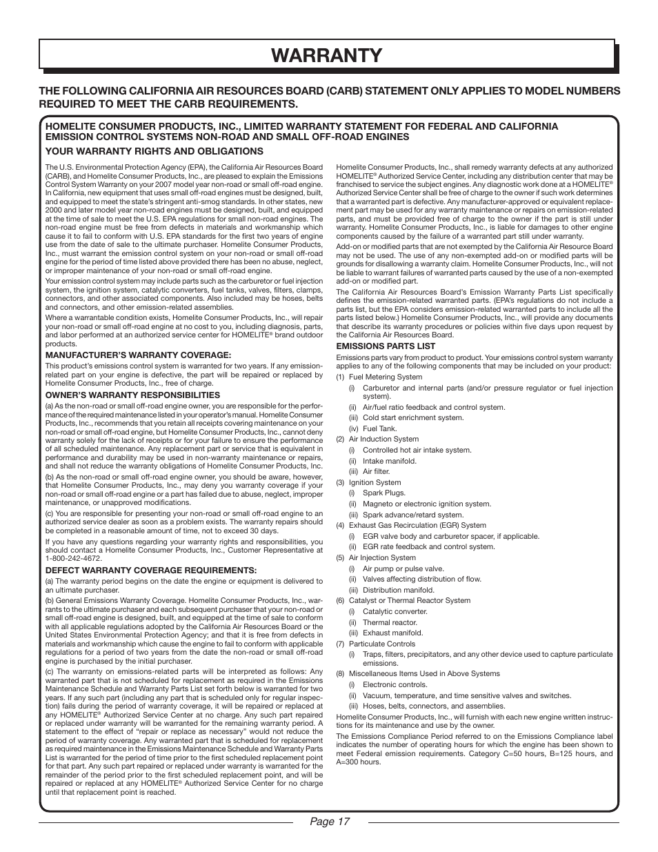 Warranty | Homelite MIGHTYLITE UT08981 User Manual | Page 17 / 20