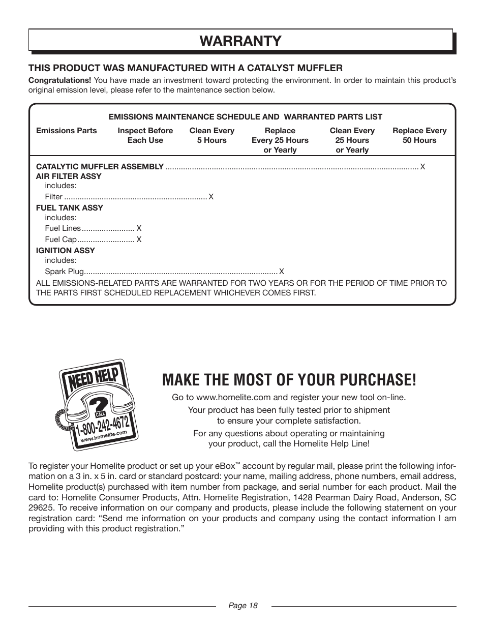Make the most of your purchase, Warranty | Homelite MIGHTYLITE UT08981 User Manual | Page 18 / 20
