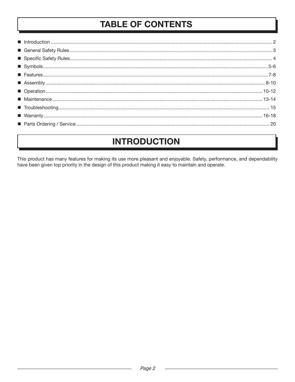 Table of contents introduction | Homelite MIGHTYLITE UT08981 User Manual | Page 2 / 20